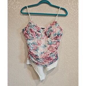 Express Body Contour Floral Pink Blush Bodysuit Rushed Mesh Top Sz L